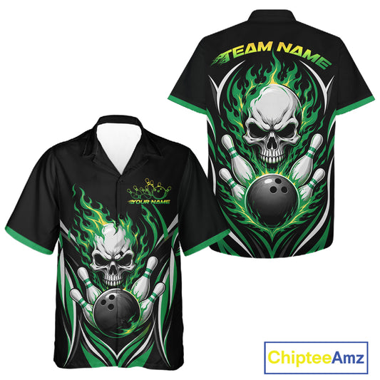 Custom Green Flame Skull Bowling Men And Women Hawaiian Shirt, Halloween Bowling Jersey IPHW11702