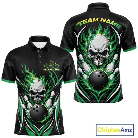 Custom Green Flame Skull Bowling Men Polo Shirt, Halloween Bowling Jersey IPHW11702