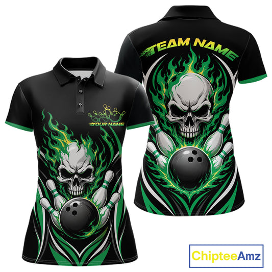 Custom Green Flame Skull Bowling Women Polo Shirt, Halloween Bowling Jersey IPHW11702