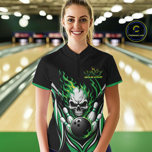 Custom Green Flame Skull Bowling Women Quarter-Zip Shirt, Halloween Bowling Jersey IPHW11702