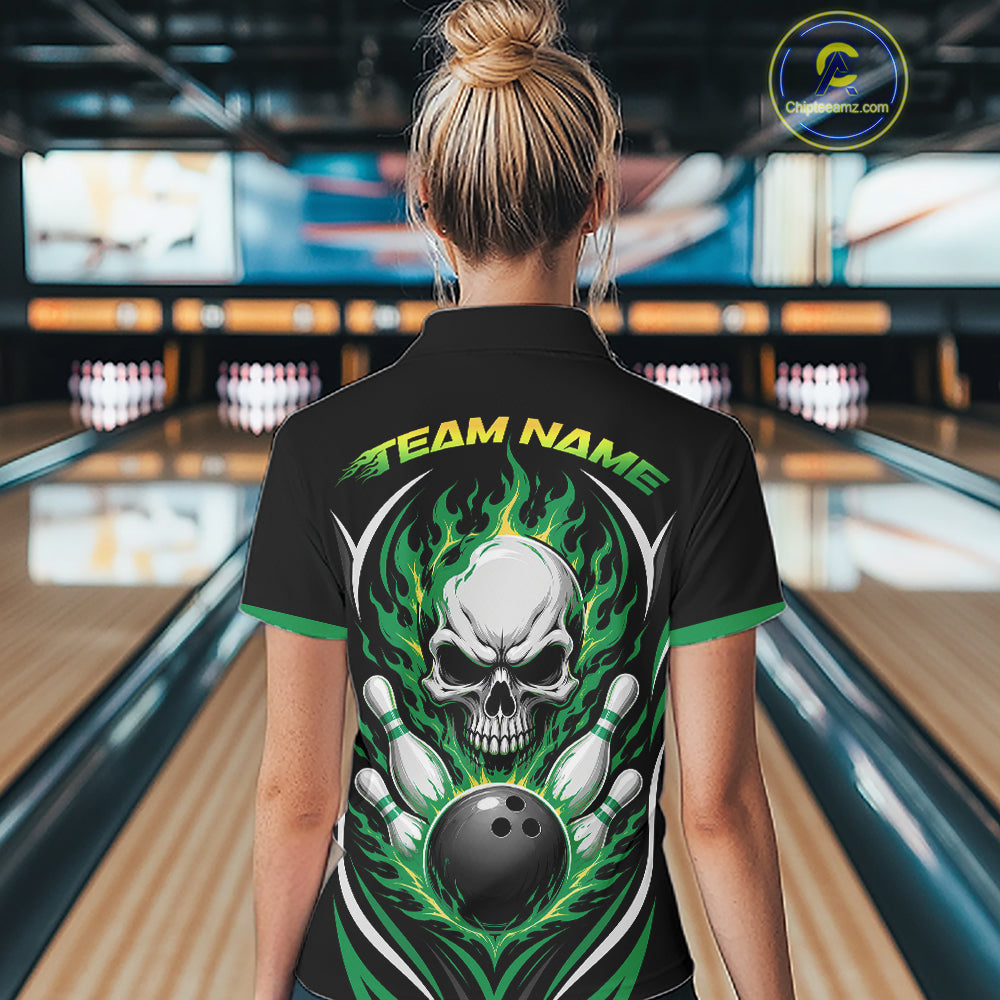 Custom Green Flame Skull Bowling Women Quarter-Zip Shirt, Halloween Bowling Jersey IPHW11702