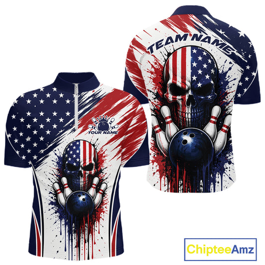 Custom Patriotic American Flag Skull Bowling Team Men Quarter Zip Shirt, US Flag Bowling Jersey IPHW11703
