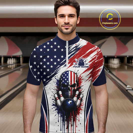 Custom Patriotic American Flag Skull Bowling Team Men Quarter Zip Shirt, US Flag Bowling Jersey IPHW11703