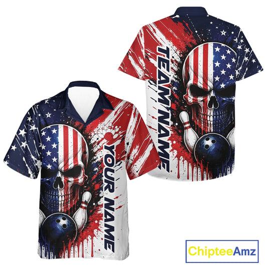 Custom Patriotic American Flag Skull Bowling Team Men And Women Hawaiian Shirt, US Flag Bowling Jersey IPHW11704