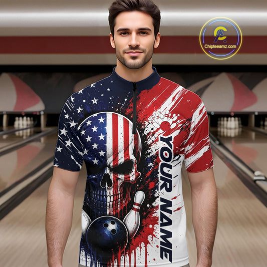 Custom Patriotic American Flag Skull Bowling Team Men Quarter Zip Shirt, US Flag Bowling Jersey IPHW11704