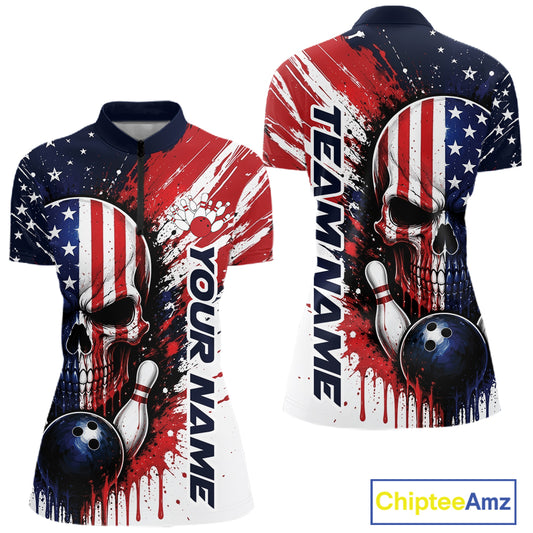 Custom Patriotic American Flag Skull Bowling Women Quarter-Zip Shirt, US Bowling Jersey IPHW11704