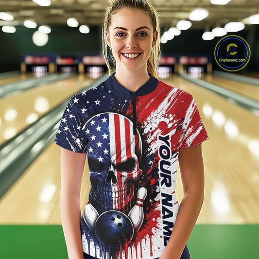Custom Patriotic American Flag Skull Bowling Women Quarter-Zip Shirt, US Bowling Jersey IPHW11704
