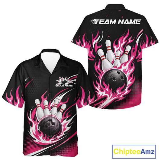 Custom Pink Flame Bowling Jerseys, Bowling Team Men And Women Hawaiian Shirt Bowlers Outfit IPHW11705