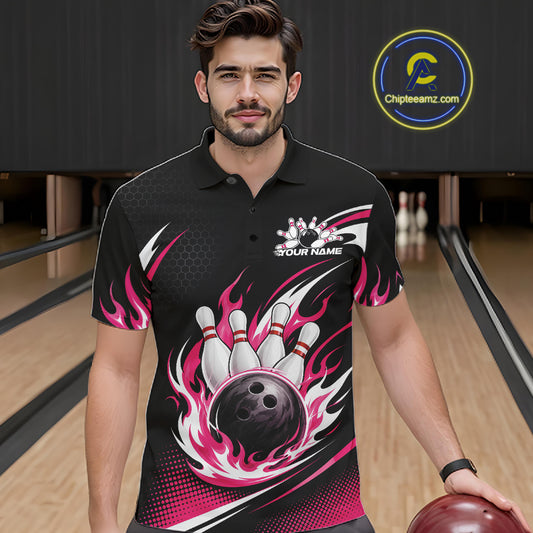 Custom Pink Flame Bowling Jerseys, Bowling Team Men Polo Shirt Bowlers Outfit IPHW11705