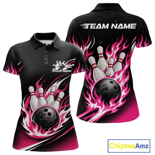 Custom Pink Flame Bowling Jerseys, Bowling Team Women Polo Shirt Bowlers Outfit IPHW11705