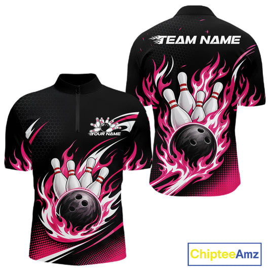 Custom Pink Flame Bowling Jerseys, Bowling Team Men Quarter Zip Shirt Bowlers Outfit IPHW11705