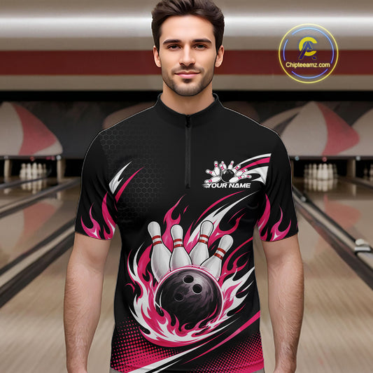 Custom Pink Flame Bowling Jerseys, Bowling Team Men Quarter Zip Shirt Bowlers Outfit IPHW11705