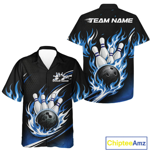 Custom Blue Flame Bowling Jerseys, Bowling Team Men And Women Hawaiian Shirt Bowlers Outfit IPHW11706