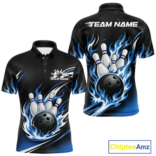 Custom Blue Flame Bowling Jerseys, Bowling Team Men Polo Shirt Bowlers Outfit IPHW11706