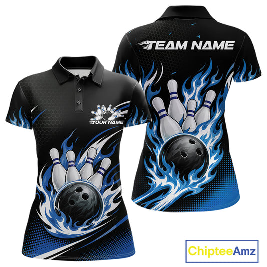 Custom Blue Flame Bowling Jerseys, Bowling Team Women Polo Shirt Bowlers Outfit IPHW11706
