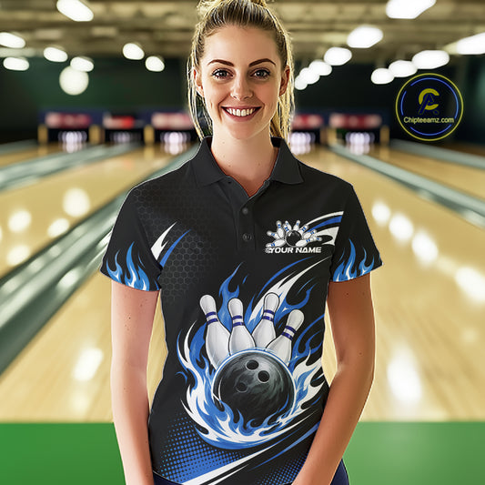 Custom Blue Flame Bowling Jerseys, Bowling Team Women Polo Shirt Bowlers Outfit IPHW11706