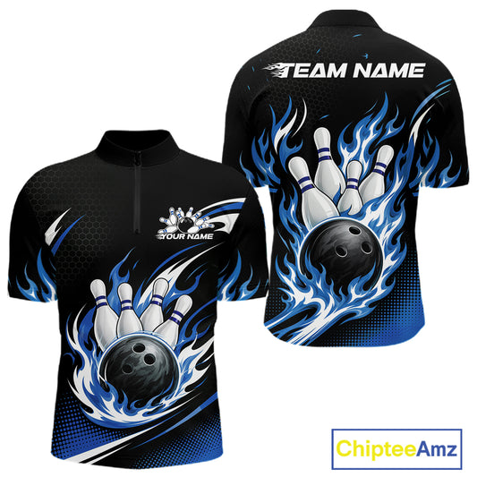 Custom Blue Flame Bowling Jerseys, Bowling Team Men Quarter Zip Shirt Bowlers Outfit IPHW11706
