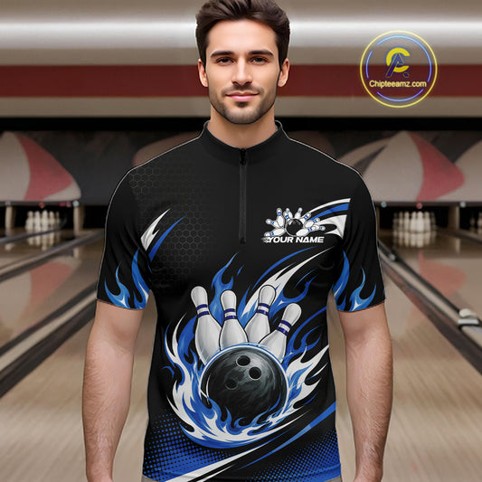 Custom Blue Flame Bowling Jerseys, Bowling Team Men Quarter Zip Shirt Bowlers Outfit IPHW11706