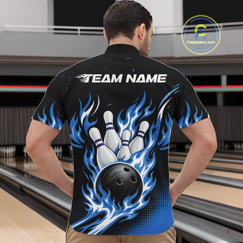 Custom Blue Flame Bowling Jerseys, Bowling Team Men Quarter Zip Shirt Bowlers Outfit IPHW11706