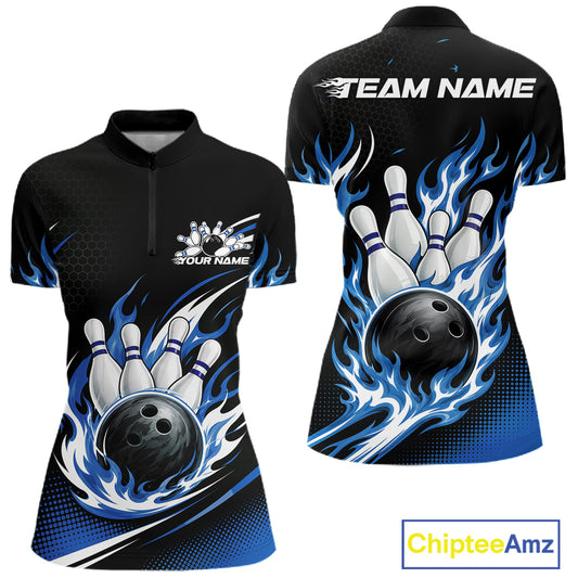 Custom Blue Flame Bowling Jerseys, Bowling Team Women Quarter-Zip Shirt Bowlers Outfit IPHW11706