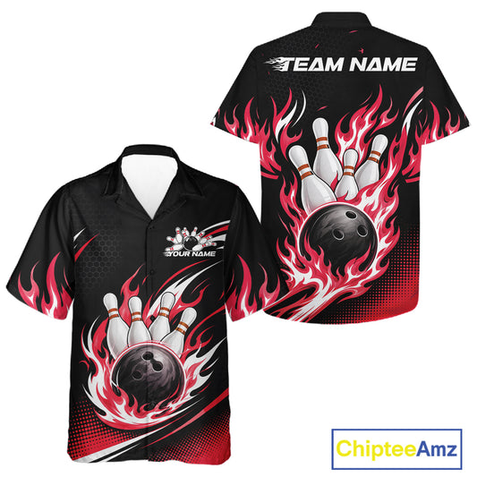 Custom Red Flame Bowling Jerseys, Bowling Team Men And Women Hawaiian Shirt Bowlers Outfit IPHW11707