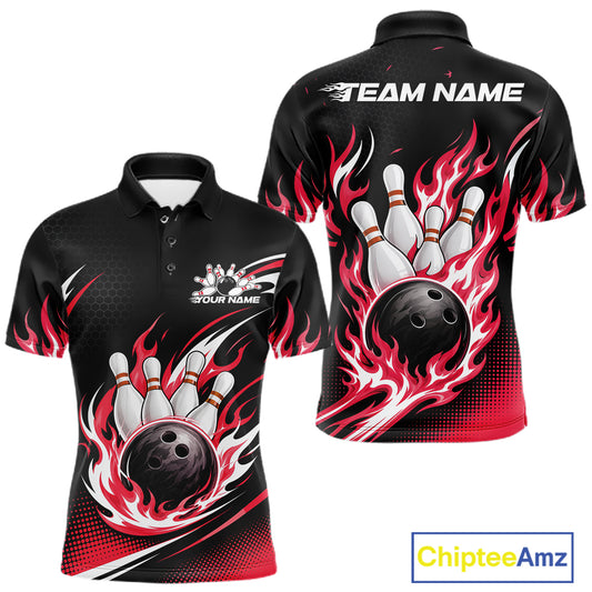 Custom Red Flame Bowling Jerseys, Bowling Team Men Polo Shirt Bowlers Outfit IPHW11707