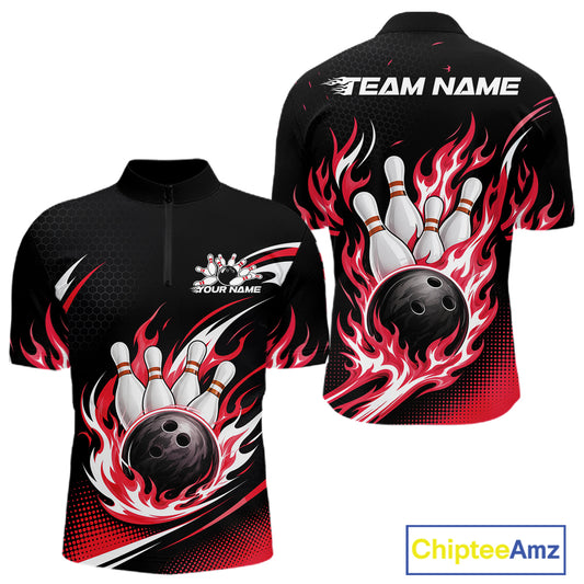 Custom Red Flame Bowling Jerseys, Bowling Team Men Quarter Zip Shirt Bowlers Outfit IPHW11707
