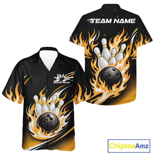 Custom Yellow Flame Bowling Jerseys, Bowling Team Men And Women Hawaiian Shirt Bowlers Outfit IPHW11708