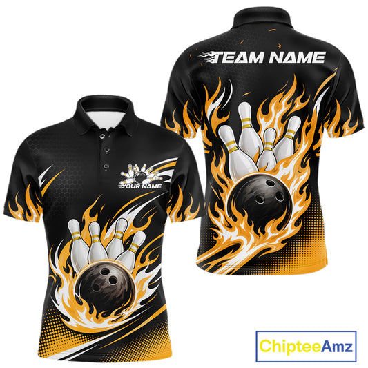Custom Yellow Flame Bowling Jerseys, Bowling Team Men Polo Shirt Bowlers Outfit IPHW11708