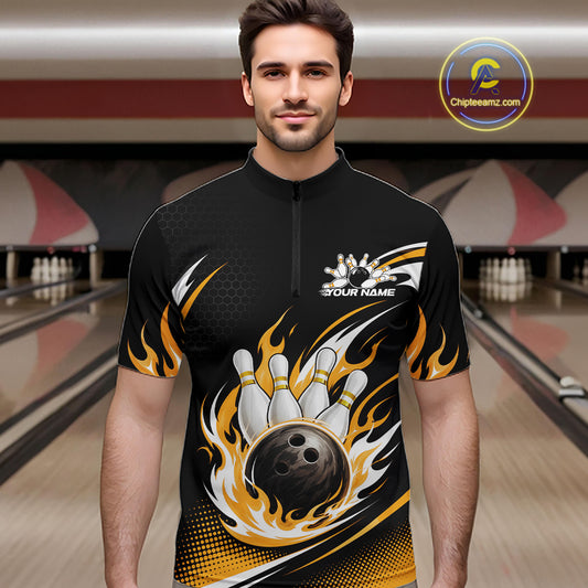 Custom Yellow Flame Bowling Jerseys, Bowling Team Men Quarter Zip Shirt Bowlers Outfit IPHW11708