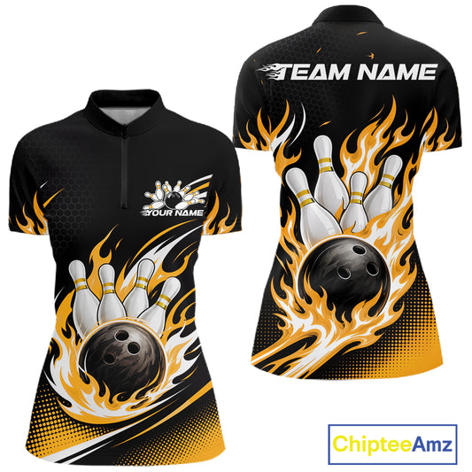 Custom Yellow Flame Bowling Jerseys, Bowling Team Women Quarter-Zip Shirt Bowlers Outfit IPHW11708