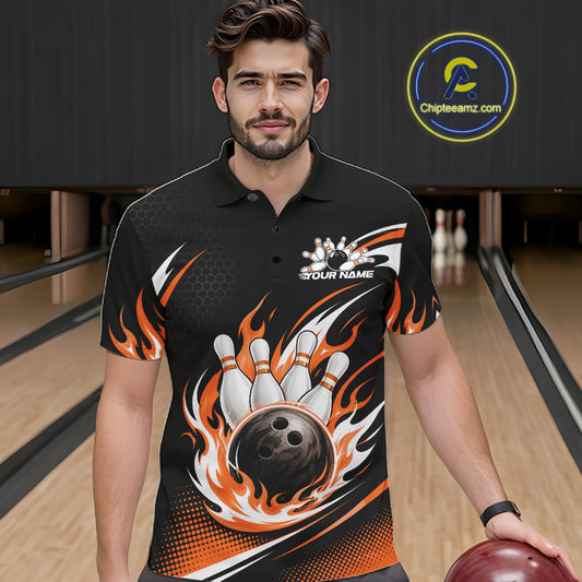 Custom Orange Flame Bowling Jerseys, Bowling Team Men Polo Shirt Bowlers Outfit IPHW11709