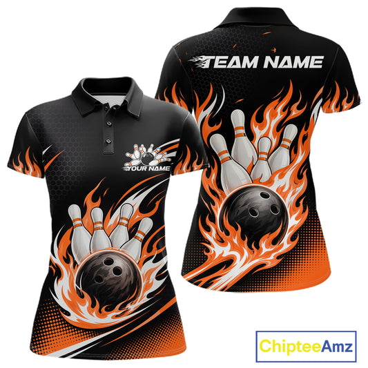 Custom Orange Flame Bowling Jerseys, Bowling Team Women Polo Shirt Bowlers Outfit IPHW11709