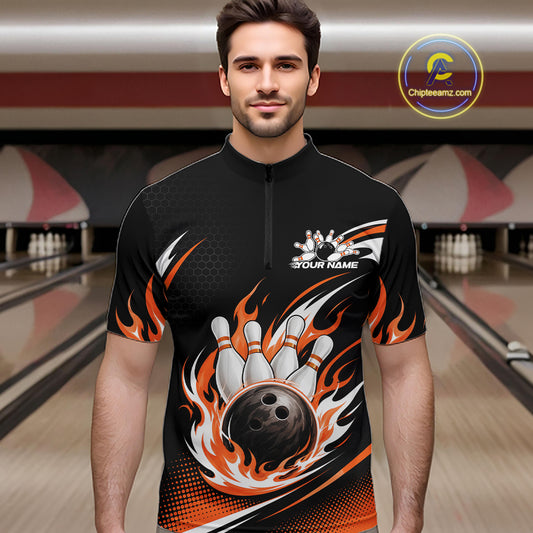 Custom Orange Flame Bowling Jerseys, Bowling Team Men Quarter Zip Shirt Bowlers Outfit IPHW11709