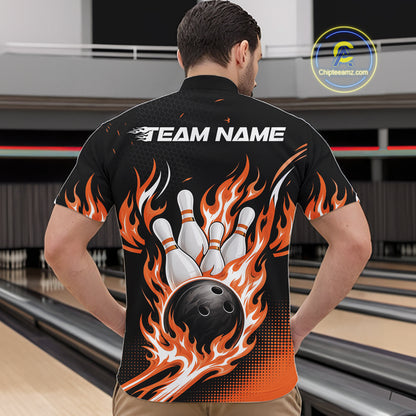 Custom Orange Flame Bowling Jerseys, Bowling Team Men Quarter Zip Shirt Bowlers Outfit IPHW11709