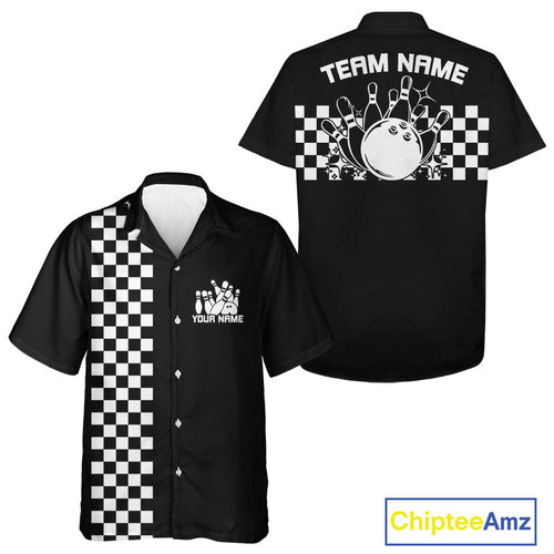 Custom Vintage Checkboard Bowling Hawaiian Shirt, Retro Bowling Button Up Shirt IPHW10076