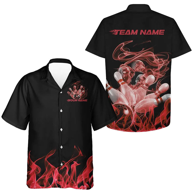Custom Black And Red Flame Bowling Hawaiian Shirts For Kid, Red Smoke Bowling Team Shirt IPHW8060