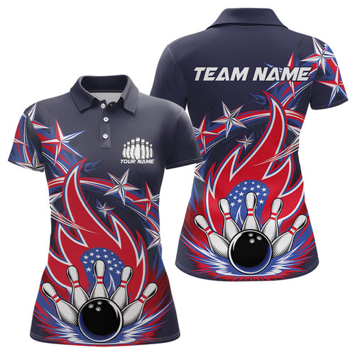 Custom Patriotic Bowling Polo Shirts For Women, Us Flag Bowling League Shirt Bowler Outfit IPHW8069