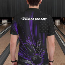 Load image into Gallery viewer, Custom Black And Purple US Flag Patriotic Men Bowling Shirt, American Flame Bowling Jersey IPHW10642