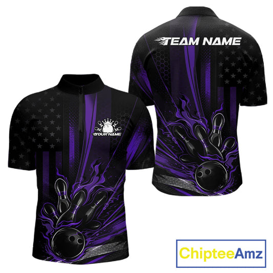 Custom Black And Purple US Flag Patriotic Men Bowling Shirt, American Flame Bowling Jersey IPHW10642