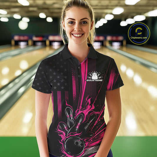Custom Black And Pink US Flag Patriotic Women Bowling Shirt, American Flame Bowling Jersey IPHW10643