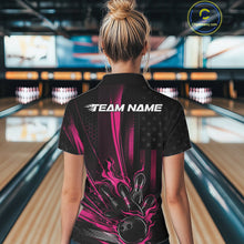 Load image into Gallery viewer, Custom Black And Pink US Flag Patriotic Women Bowling Shirt, Flame Bowling Jersey IPHW10643