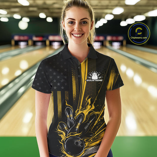 Custom Black And Yellow US Flag Patriotic Women Bowling Shirt, American Flame Bowling Jersey IPHW10644
