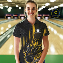 Load image into Gallery viewer, Custom Black And Yellow US Flag Patriotic Women Bowling Shirt, American Flame Bowling Jersey IPHW10644