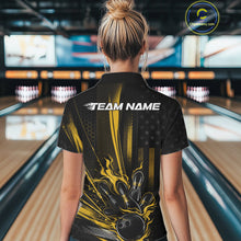 Load image into Gallery viewer, Custom Black And Yellow US Flag Patriotic Women Bowling Shirt, American Flame Bowling Jersey IPHW10644