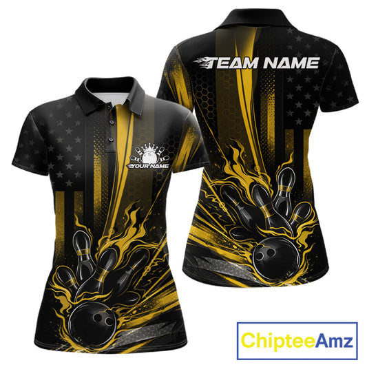Custom Black And Yellow US Flag Patriotic Women Bowling Shirt, American Flame Bowling Jersey IPHW10644