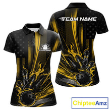 Load image into Gallery viewer, Custom Black And Yellow US Flag Patriotic Women Bowling Shirt, American Flame Bowling Jersey IPHW10644