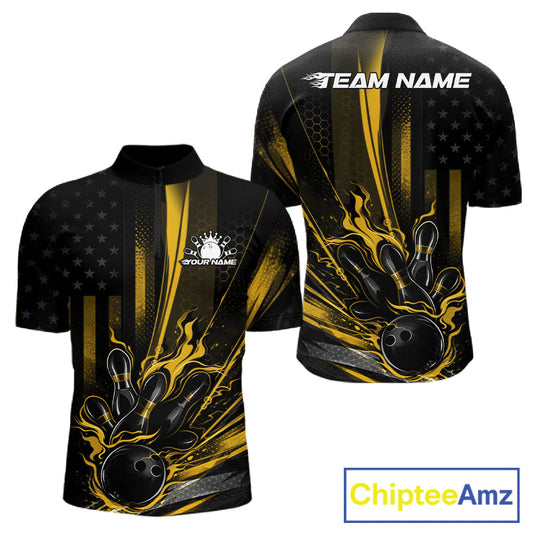 Custom Black And Yellow US Flag Patriotic Men Bowling Shirt, American Flame Bowling Jersey IPHW10644