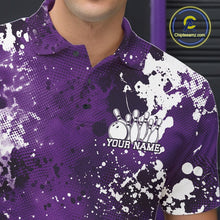 Load image into Gallery viewer, Purple polo shirt with white splatter design and bowling graphic, featuring 'Chipteeamz.com' logo.