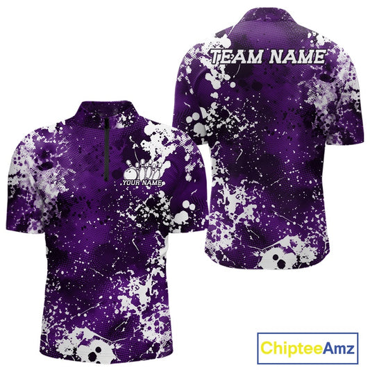 Purple sports jersey with white splatter design and customizable text on a white background